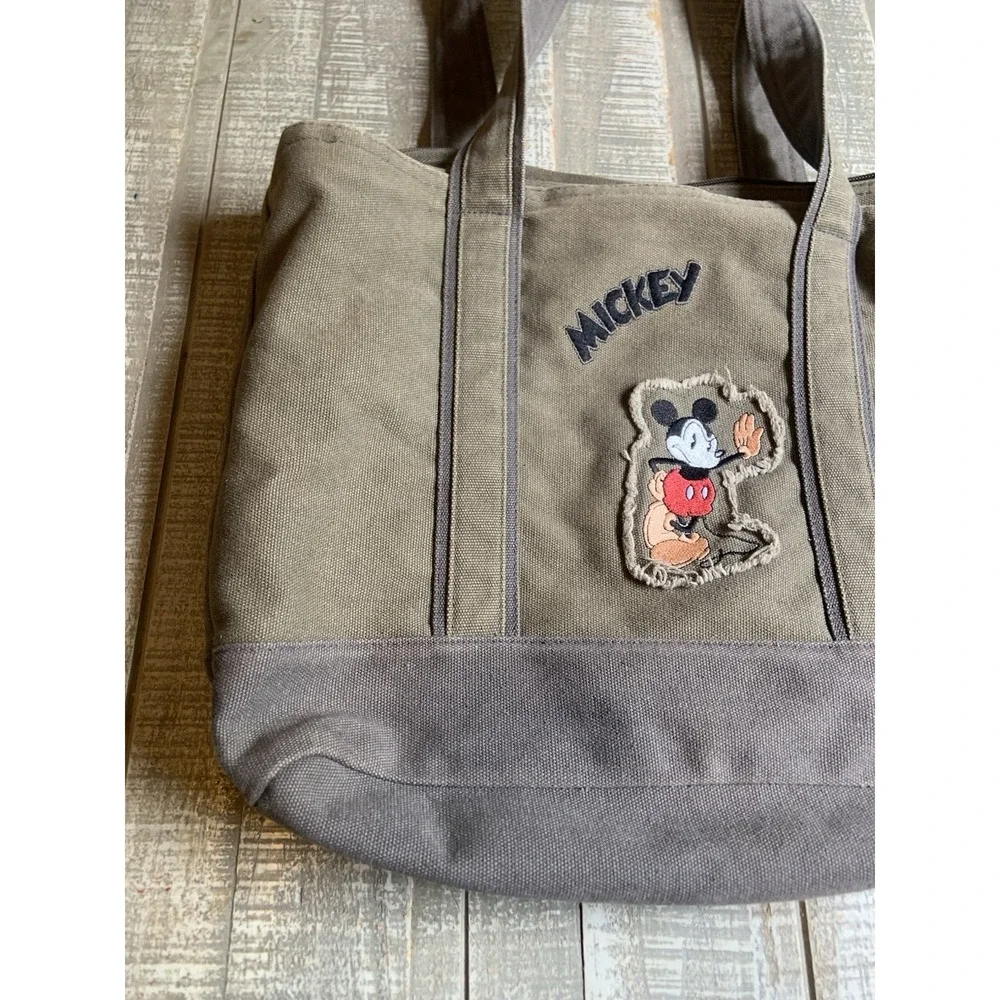 Vintage Mickey Mouse Army Green Canvas Tote Bag‎ Stitched Embroidered 16x12